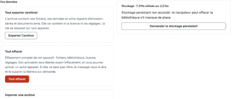 Vos données : exporter l’archive, tout effacer, importer une archive.