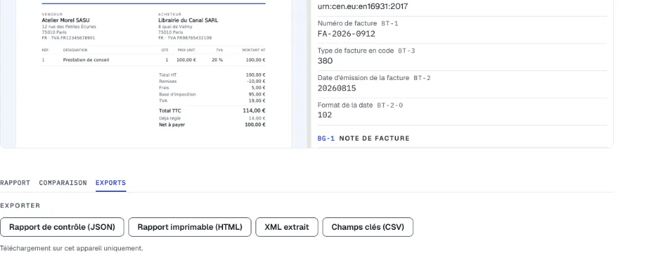 Le menu des exports : rapport JSON, rapport imprimable HTML, XML extrait, champs clés CSV.