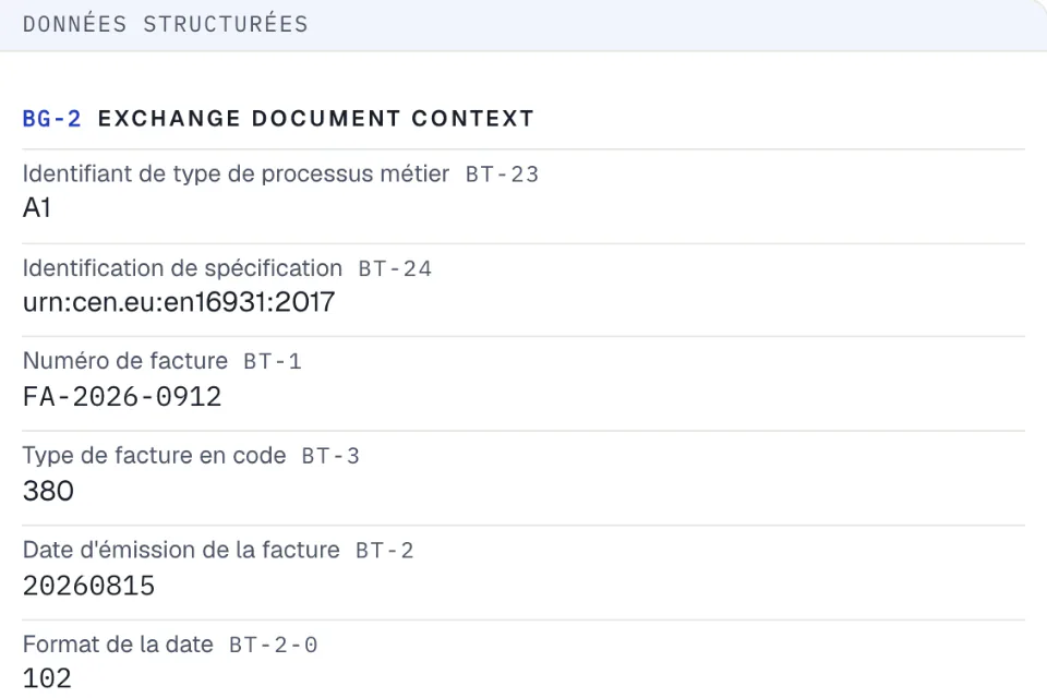 La couche cachée : les données structurées de la même facture, champ par champ, avec leur référence EN 16931.